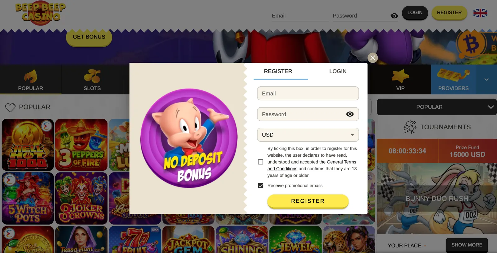 Formularz rejestracji nowego konta gracza w serwisie internetowym Beep Beep Casino