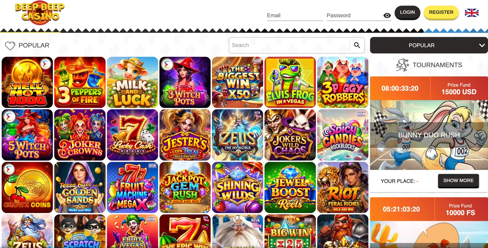 Katalog popularnych gier kasynowych i automatów online na platformie Beep Beep Casino
