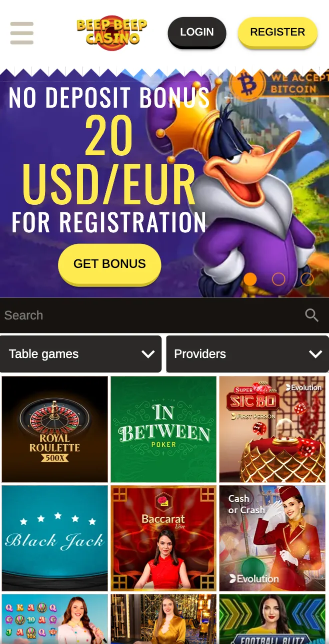 Mobilna wersja strony internetowej Beep Beep Casino uruchomiona na ekranie dotykowym smartfona