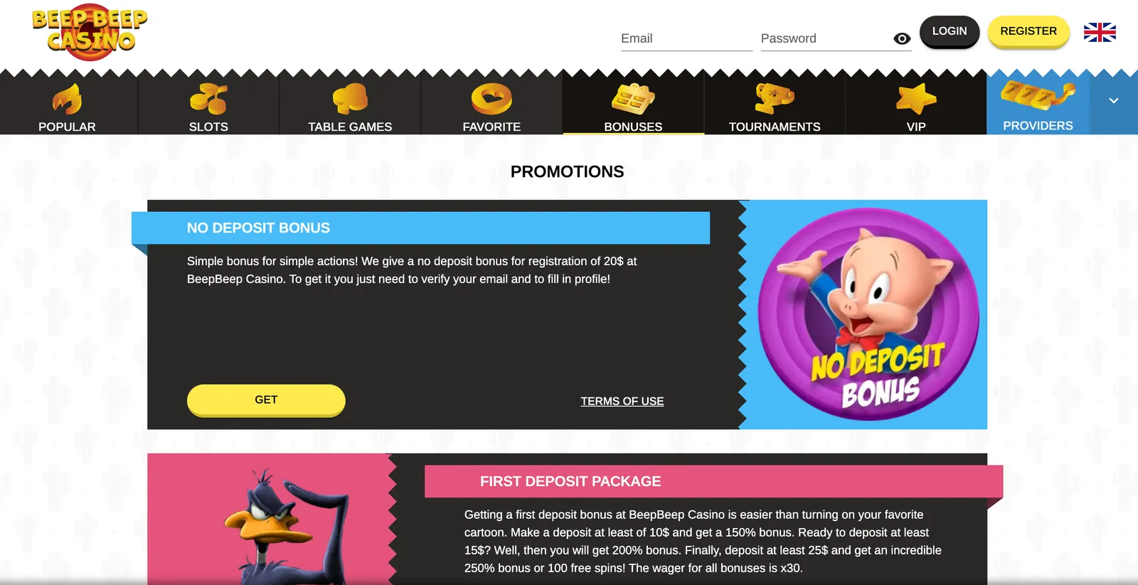 Sekcja aktualnych promocji powitalnych i ofert specjalnych dla graczy Beep Beep Casino