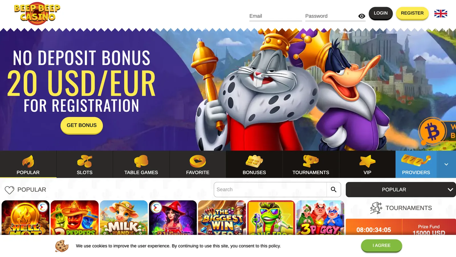 Strona główna Beep Beep Casino z prezentacją oferty gier oraz nawigacją serwisu
